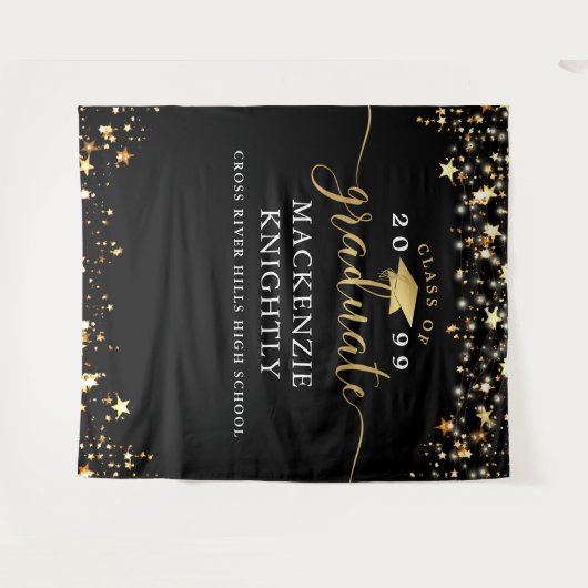 Abschluss Black Gold Stars Confetti Lights Script Wandteppich (Vorderseite (Horizontal))