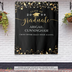 Abschluss Black Gold Stars Confetti Lights Script Wandteppich