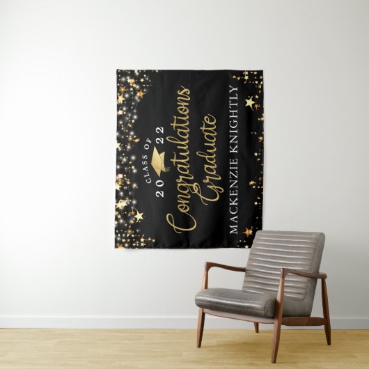 Abschluss Black Gold Stars Lights Confetti Script Wandteppich (Beispiel)