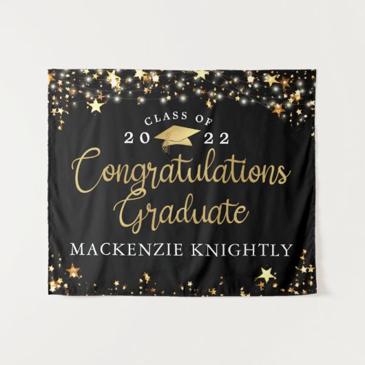 Abschluss Black Gold Stars Lights Confetti Script Wandteppich (Vorderseite (Horizontal))