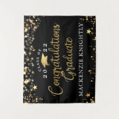 Abschluss Black Gold Stars Lights Confetti Script Wandteppich (Vorderseite)