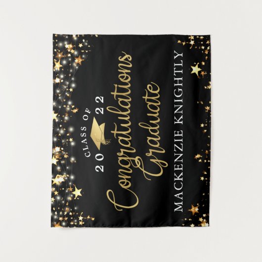 Abschluss Black Gold Stars Lights Confetti Script Wandteppich (Vorderseite)
