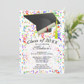 Abschluss Black Grad Cap Diploma Confetti Party Einladung (Stehend Vorderseite)