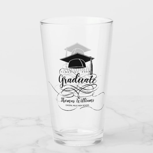 Abschluss Black Grad Cap Monogramm Name Glas (Rückseite)