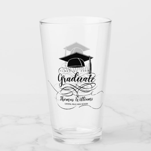 Abschluss Black Grad Cap Monogramm Name Glas (Vorderseite)