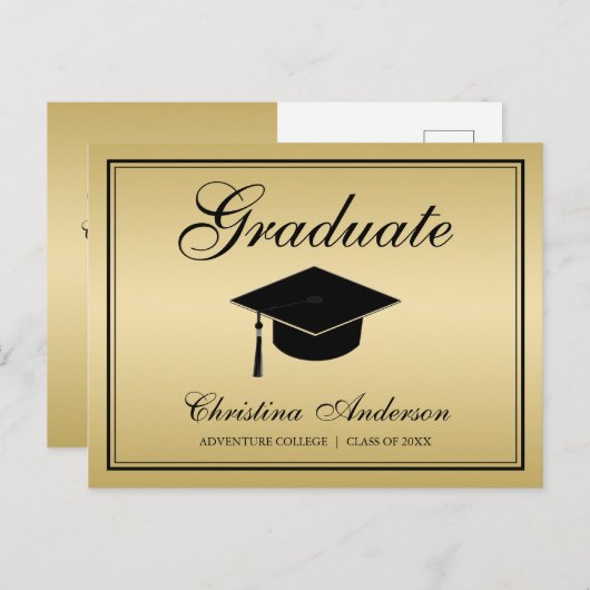 Abschluss Black Grad Cap & Script auf Silver Party Einladungspostkarte (Vorne/Hinten)