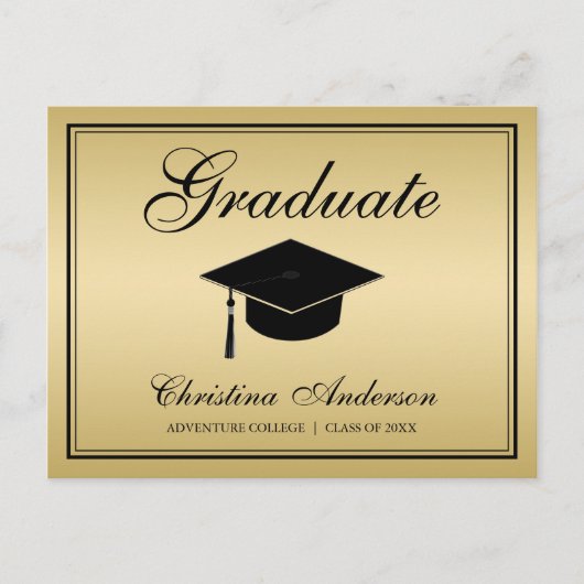 Abschluss Black Grad Cap & Script auf Silver Party Einladungspostkarte (Vorderseite)