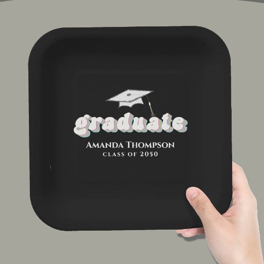 Abschluss Black Graduate Retro Typografie Einfach Pappteller
