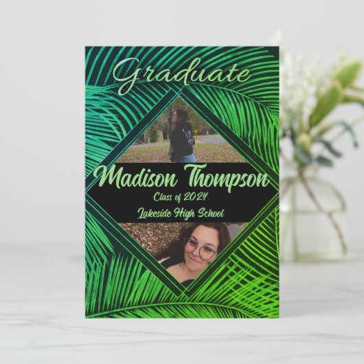 Abschluss Black & Green Tropical Palm Einladung (Stehend Vorderseite)