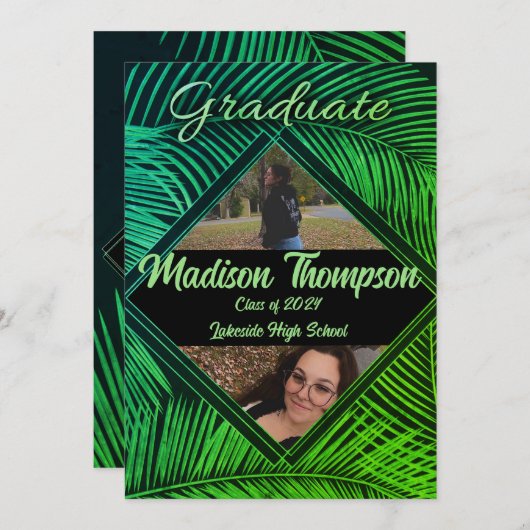 Abschluss Black & Green Tropical Palm Einladung (Vorne/Hinten)