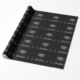 Abschluss Black & Silver 3D Look, Cap & Diploma Geschenkpapier