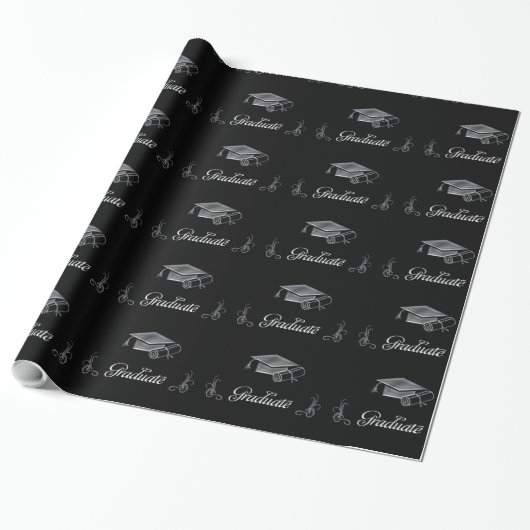 Abschluss Black & Silver 3D Look, Cap & Diploma Geschenkpapier (Ungerollt)