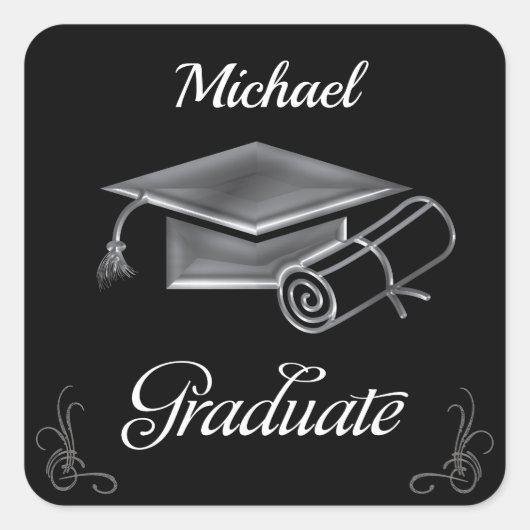 Abschluss Black & Silver, Cap & Diploma Quadratischer Aufkleber (Vorderseite)