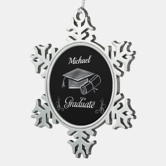 Abschluss Black & Silver, Cap & Diploma Schneeflocken Zinn-Ornament (Rechts)