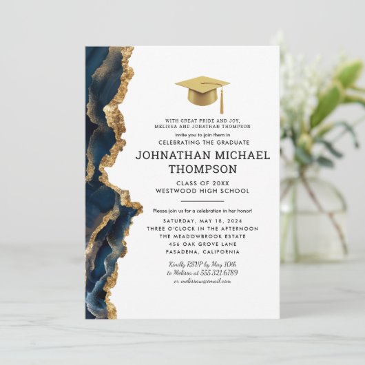 Abschluss Blue Gold Agate Abschluss Einladung (Stehend Vorderseite)