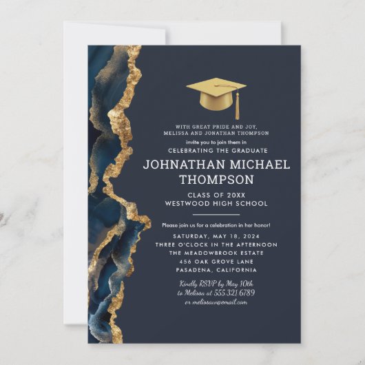 Abschluss Blue Gold Agate Abschluss Einladung (Vorderseite)