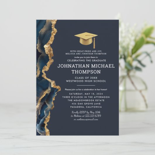 Abschluss Blue Gold Agate Abschluss Einladung (Stehend Vorderseite)