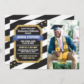 Abschluss Blue Gold Foto Stripe Glitzer Einladung (Vorne/Hinten)