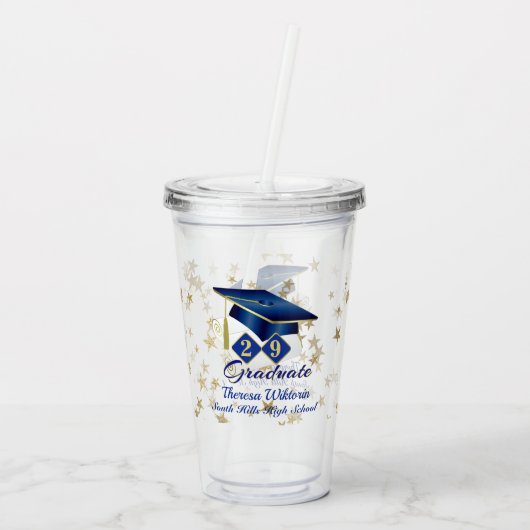 Abschluss Blue Gold Stars Personalisiert Acryltrinkbecher (Rückseite)
