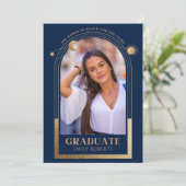 Abschluss Blue Gold Sun Moon Stars Grad Foto Einladung (Stehend Vorderseite)