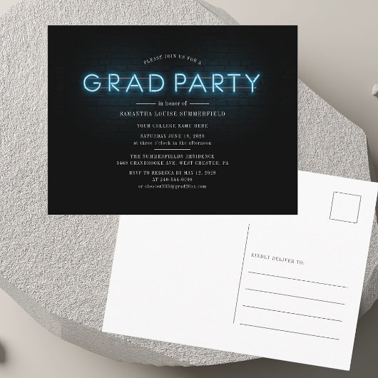 Abschluss Blue Neon Grad 2025 Party Einladungspostkarte