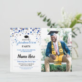 Abschluss Blue Silver Party Polka Dot Foto Einladung (Stehend Vorderseite)