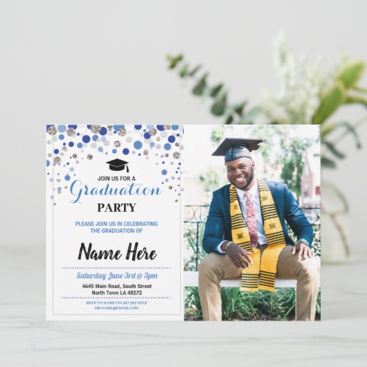 Abschluss Blue Silver Party Polka Dot Foto Einladung (Stehend Vorderseite)