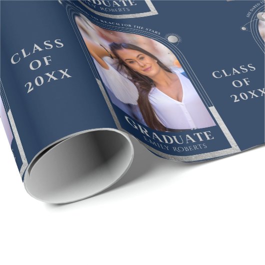 Abschluss Blue Silver Sun Moon Stars Grad Foto Geschenkpapier (Rolleneckpunkt)