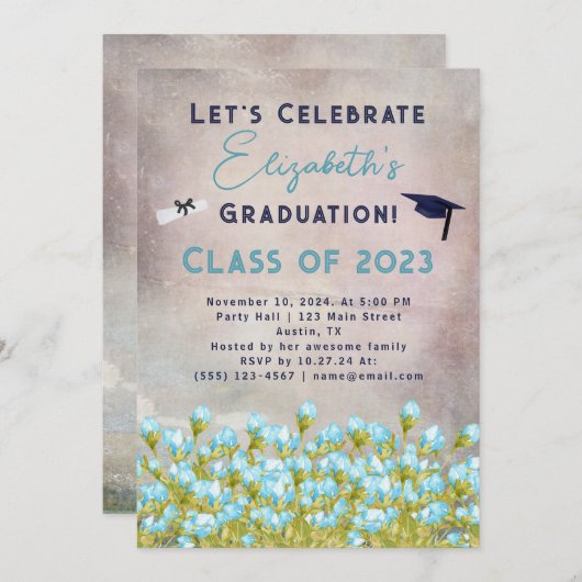 Abschluss Blue Watercolor Blume Feiern Einladung (Vorne/Hinten)