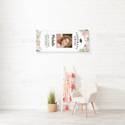 Abschluss Blumenrosa Rose Gold Script Foto Door Banner (Insitu)