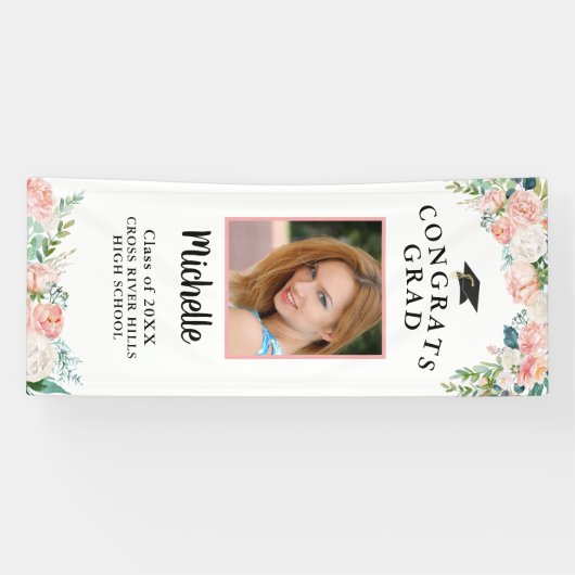 Abschluss Blumenrosa Rose Gold Script Foto Door Banner (Horizontal)