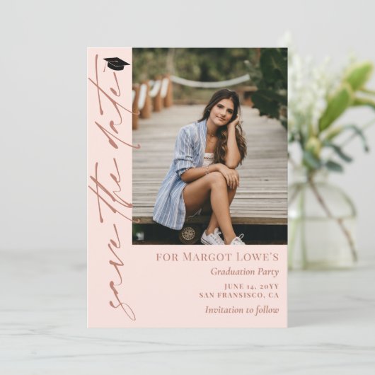 Abschluss Blush Pink & Brass Save The Date (Stehend Vorderseite)