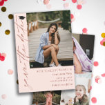 Abschluss Blush Pink & Brass Save The Date<br><div class="desc">Zweiseitige, rot-rosa Abschluss Save the Date Karte mit einem Foto des Absolventen und Save the Date in einem gebürsteten Signaturskript mit einem kleinen schwarzen Graduierungsdeckel oben geschrieben. Fügen Sie drei weitere Fotos in einer einfachen Collage auf die Rückseite. Abschluss Save the Date Vorlagenkarte in Rosa und Messing personalisiert mit Fotos....</div>