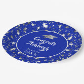 Abschluss Brush Script Silver Stars Royal Blue Pappteller (Schrägansicht)