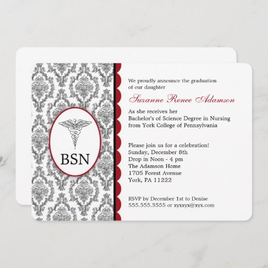 Abschluss BSN RN Schwarzburgund-Damast Einladung (Vorne/Hinten)