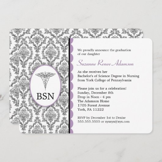 Abschluss BSN RN Schwarzlavender-Damast Einladung (Vorne/Hinten)
