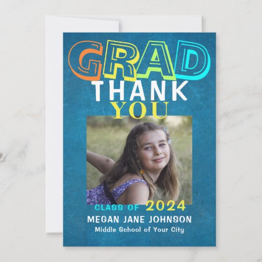 Abschluss bunt Mittelschüler Foto Dankeskarte (Vorderseite)