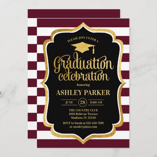 Abschluss - Burgund Gold Schwarz-weiß Einladung (Vorne/Hinten)