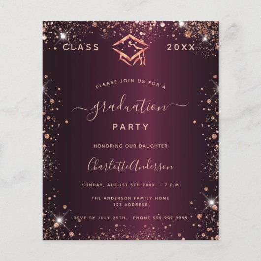 Abschluss burgundy Rose Goldeinladung (Vorderseite)