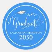 Abschluss Calligraphy Script Elegant Blue Cap Runder Aufkleber (Vorderseite)