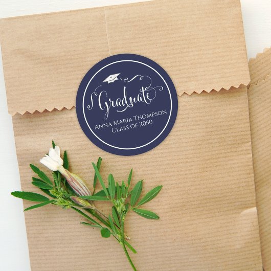 Abschluss Calligraphy Script Simple Navy Blue Runder Aufkleber