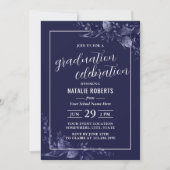 Abschluss Celebration Elegance Navy Blue Botanical Einladung (Vorderseite)