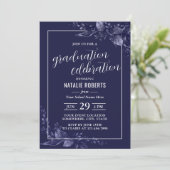 Abschluss Celebration Elegance Navy Blue Botanical Einladung (Stehend Vorderseite)