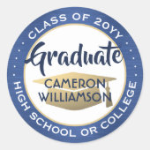 Abschluss Class Year BrushBlue und Gold Modern Runder Aufkleber (Vorderseite)