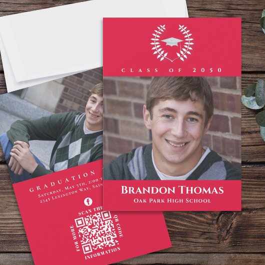 Abschluss Classic Foto Crimson Red Laurel Blätter Einladung