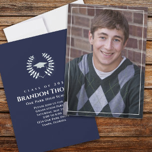 Abschluss Classic Foto Navy Blue Laureate Laurel Einladung