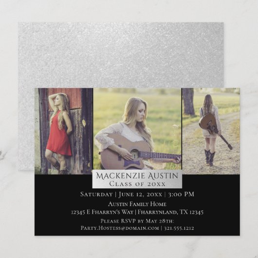 Abschluss Collage | Silver Chic Triple 3 Foto Einladung (Vorne/Hinten)