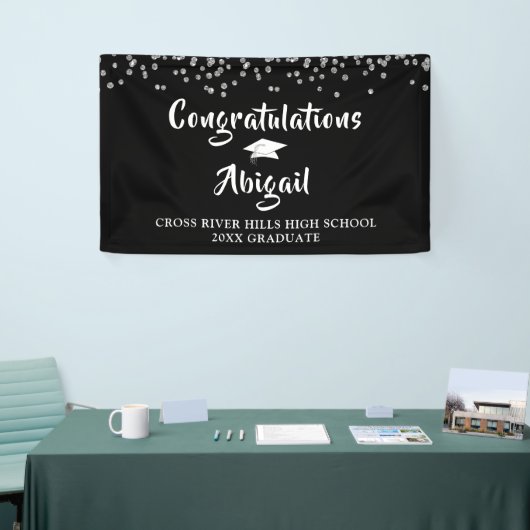 Abschluss Confetti Brush Script Black und Silver Banner (Messeveranstaltung)