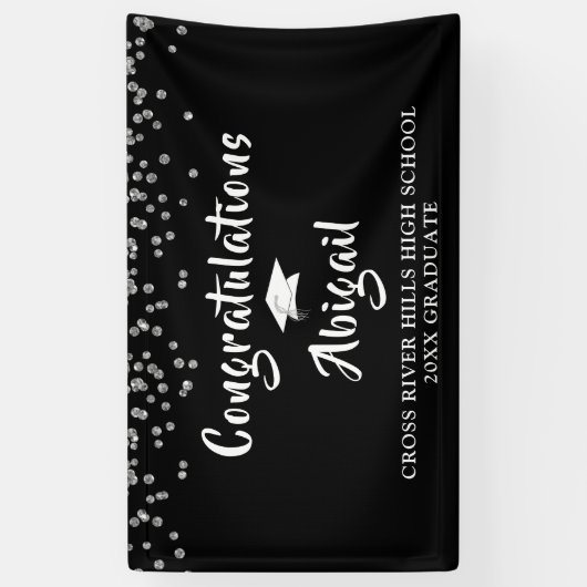 Abschluss Confetti Brush Script Black und Silver Banner (Vertikal)