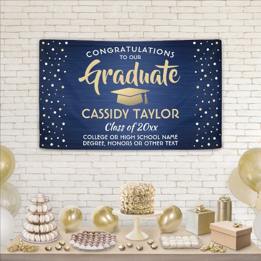 Abschluss Confetti Brushed Navy Blue Gold & White Banner